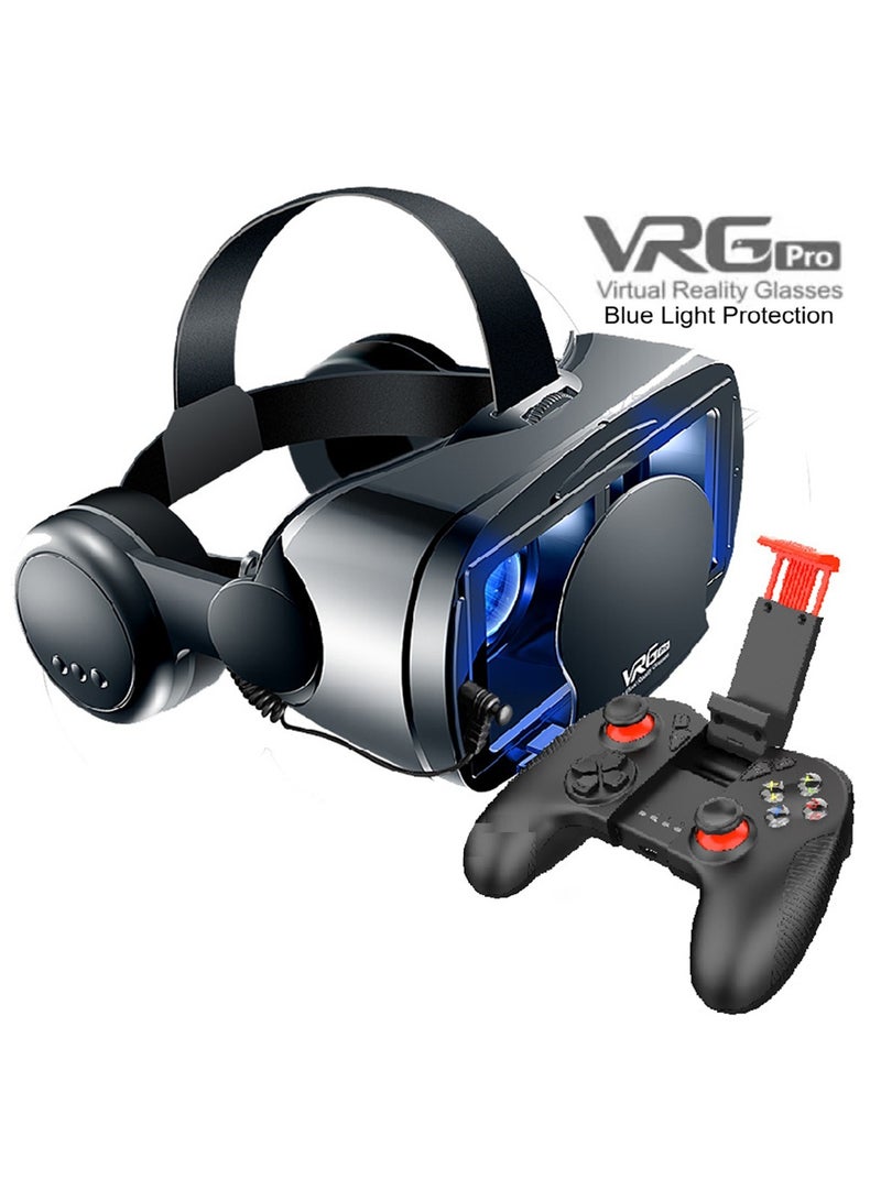 VRG VR Goggles VRG Pro 3D Virtual Reality VR Glasses + Hi-Fi Headphones Version, Blue Light Protection + Controller for TV, Movies & Video Games Compatible with iOS & Android Smartphone Within 5-7inch Screen Phone Eye Protected Soft & Comfortable Adjustable Distance Big Screen/ 3D Effect + Immersion /Full-Screen Vision, Full Screen, No Borders/ Immersive Games - Image 1